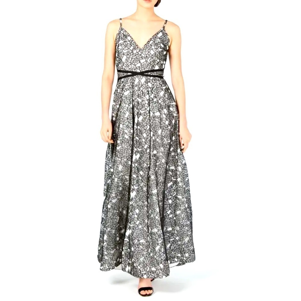 Calvin Klein Womens Floral Lace Black Cream Burnt Etched Dress Spaghetti Strap 2